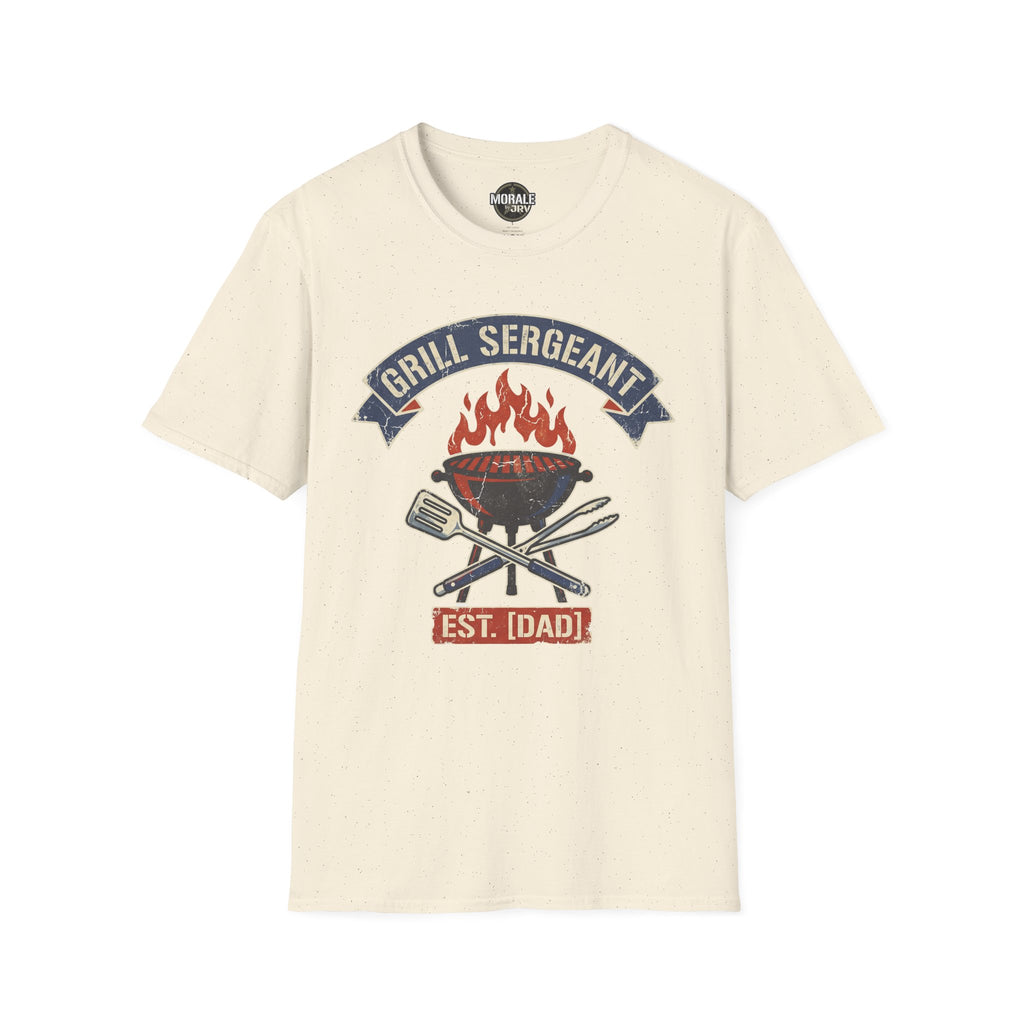 Natural speckled Grill Sergeant BBQ T-shirt with flaming grill, crossed tools, and “EST. [IDADD]”