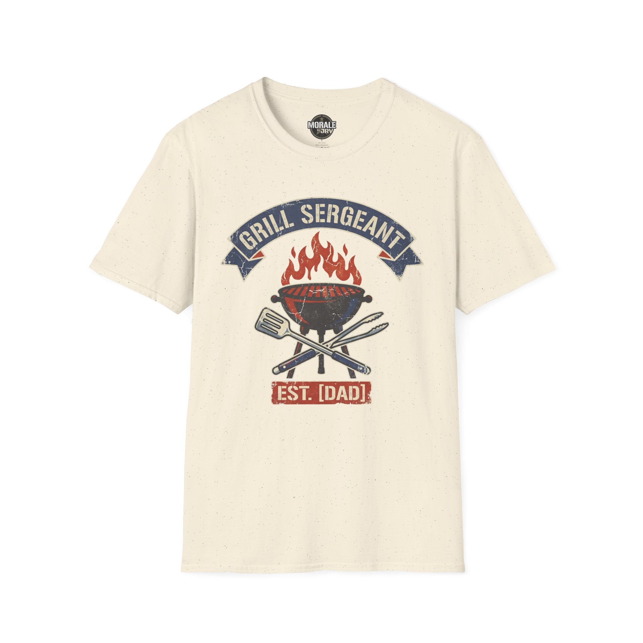 Natural speckled Grill Sergeant BBQ T-shirt with flaming grill, crossed tools, and “EST. [IDADD]”