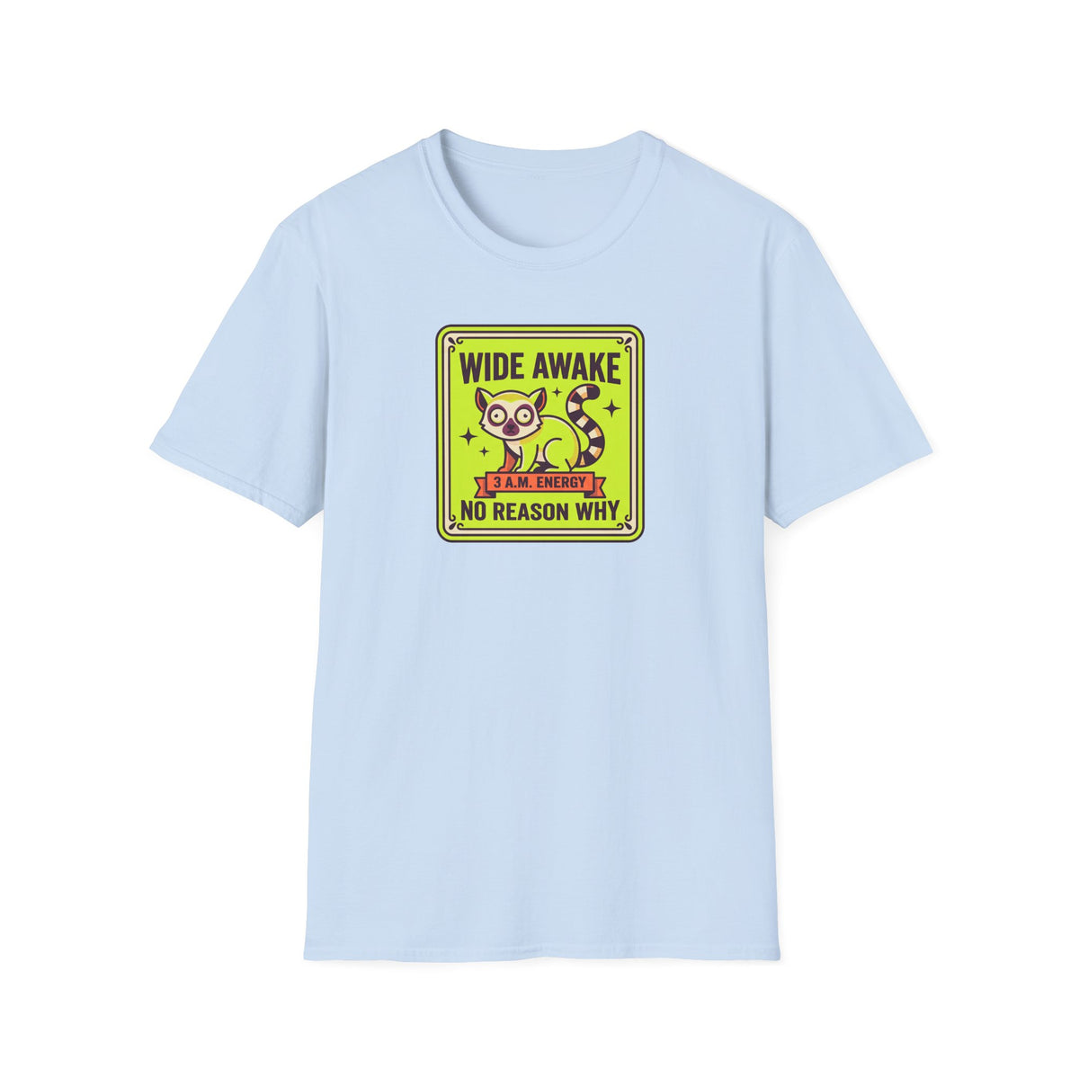 Light blue T-shirt with “Wide Awake” cat energy label graphic on chest