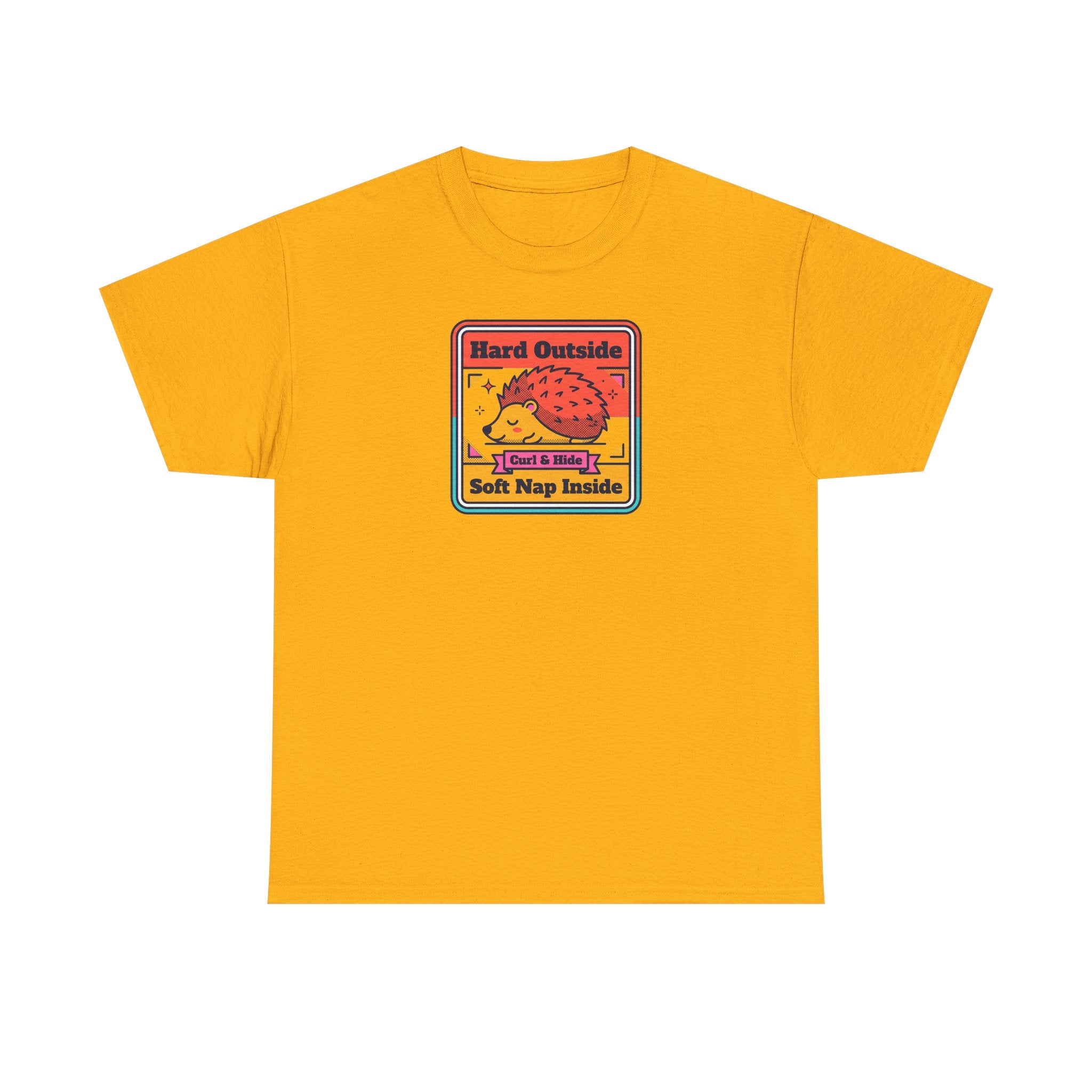 Yellow T-shirt with colorful hedgehog graphic and “Hard Outside Soft Nap Inside” text