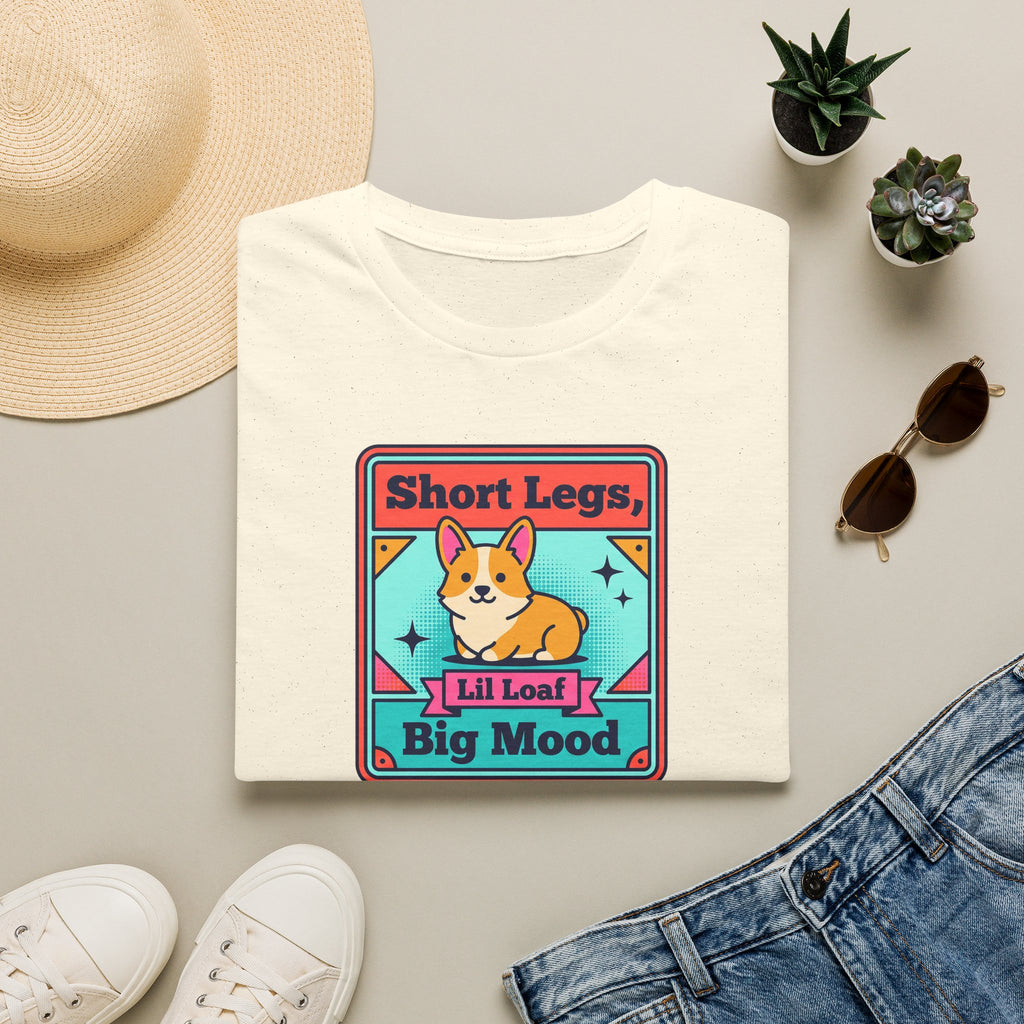 White short-sleeve T-shirt with colorful corgi graphic and “Lil Loaf” text