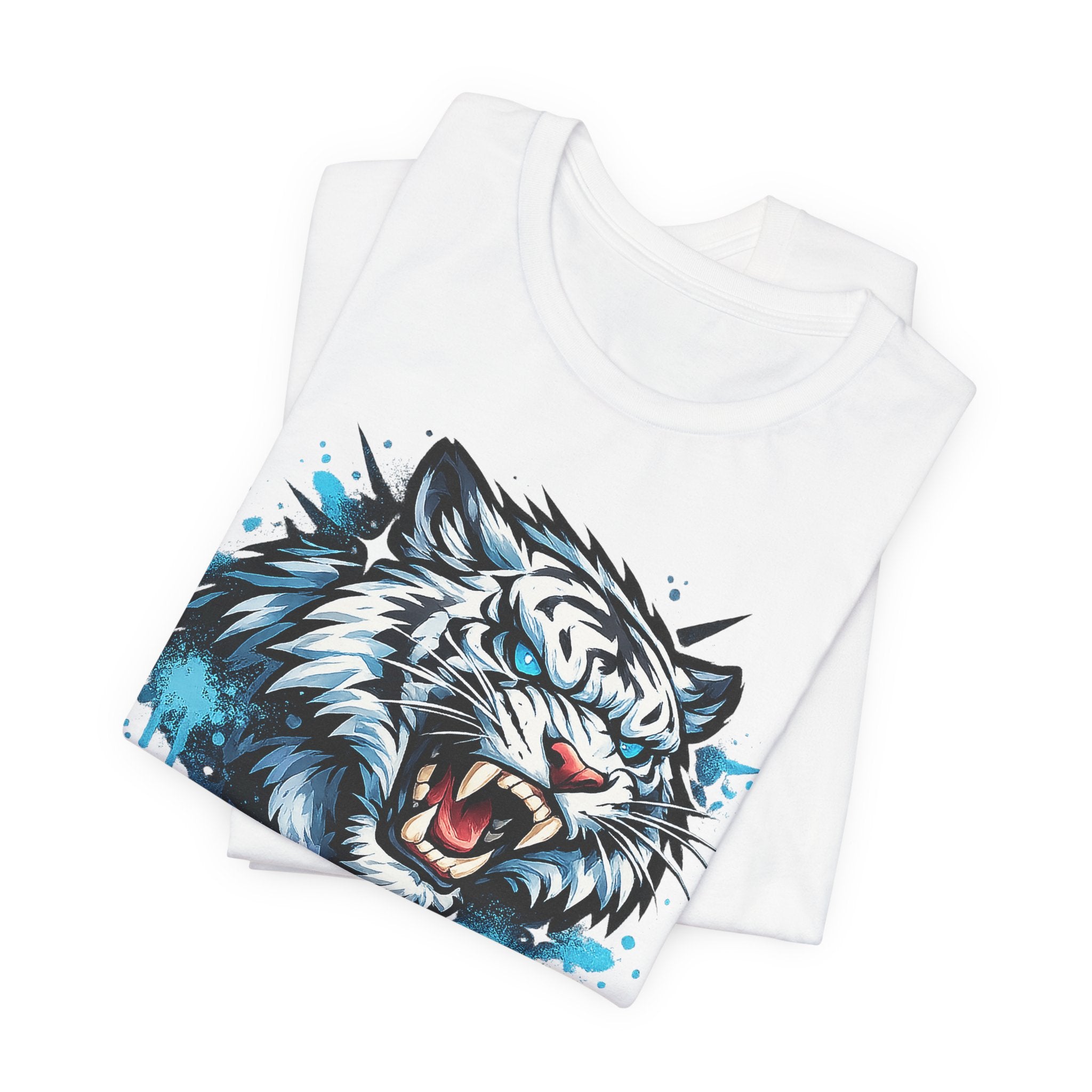 White crew-neck T-shirt set with roaring tiger head graphic on one shirt