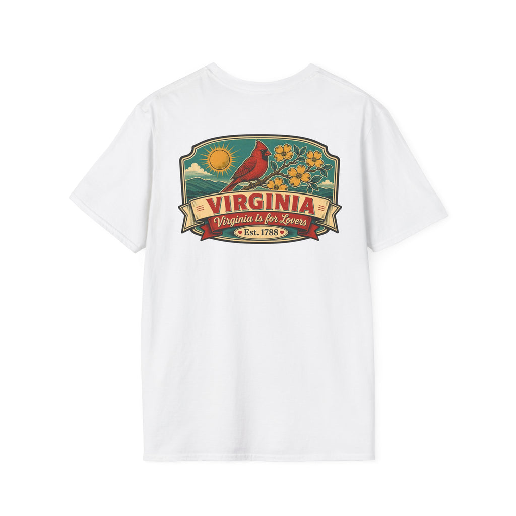 White T-shirt with Virginia travel graphic and cardinal bird print