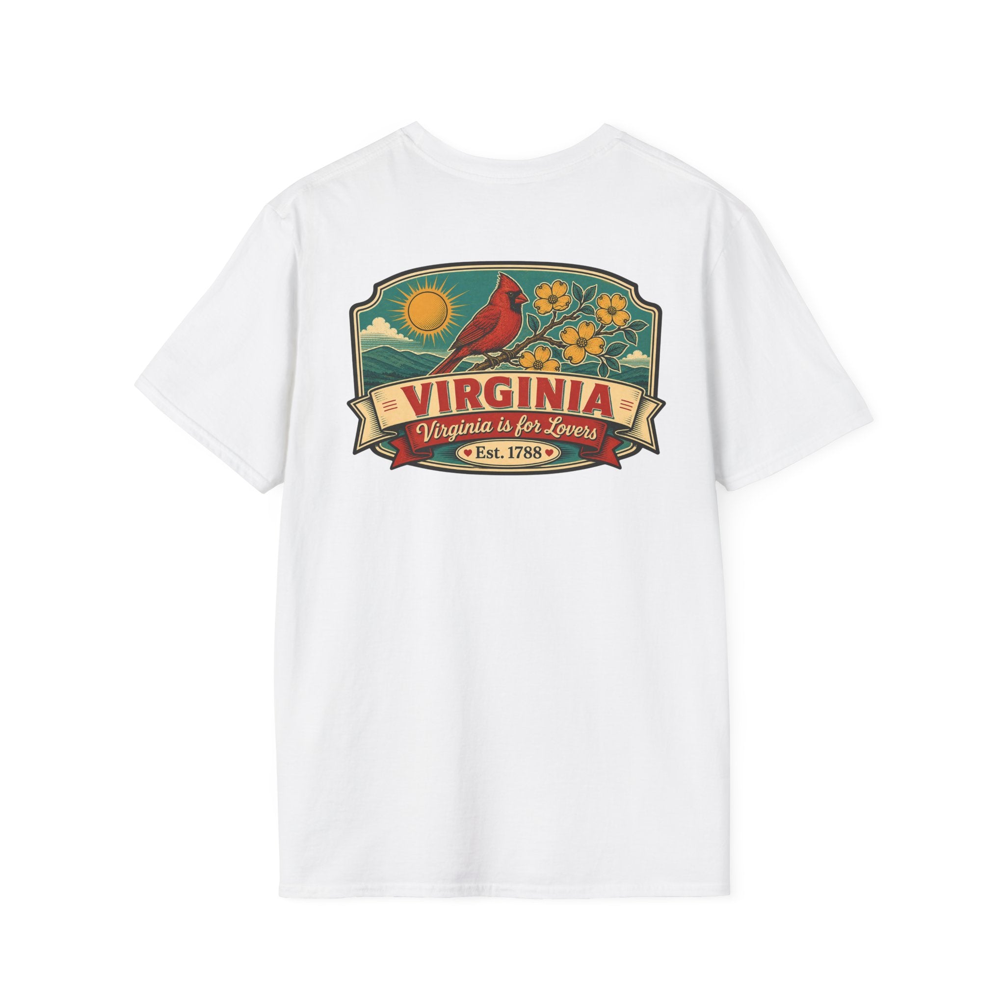 White T-shirt with Virginia travel graphic and cardinal bird print