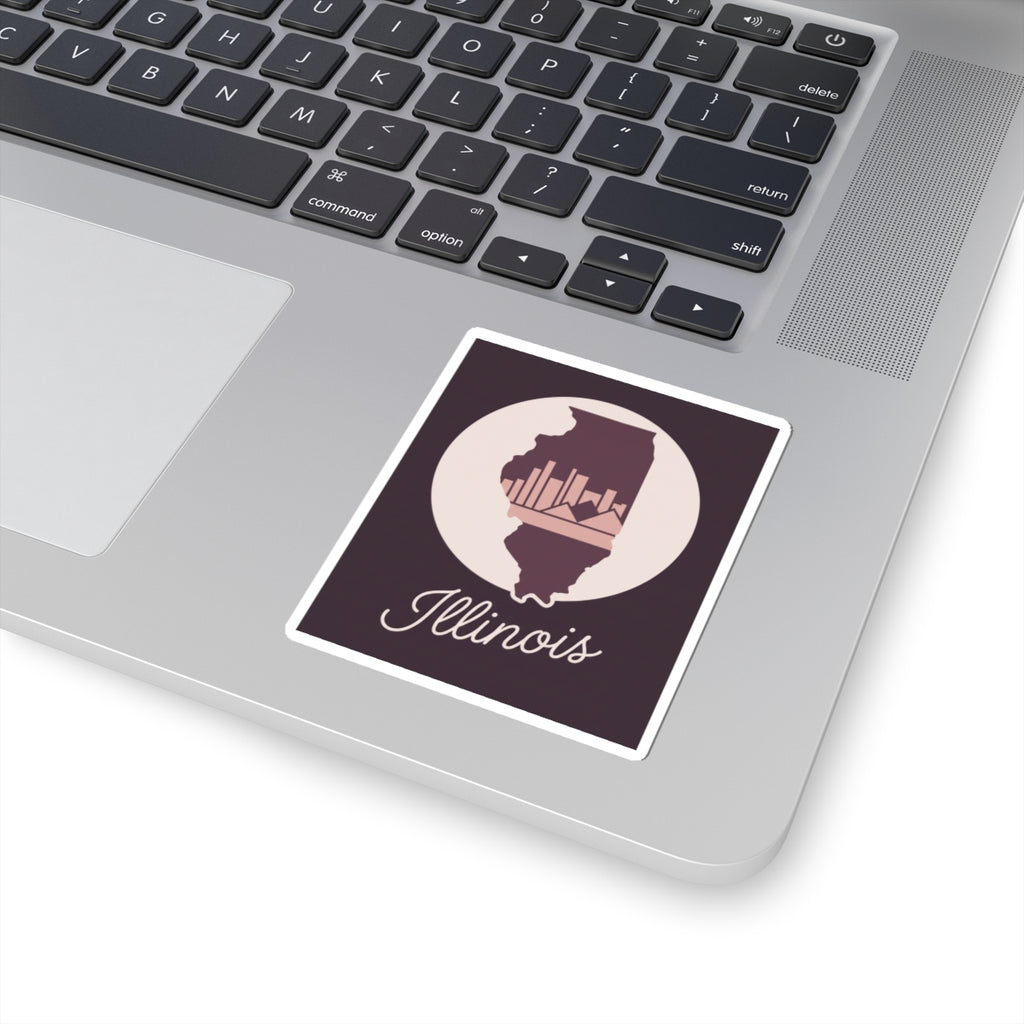Mauve Illinois state silhouette kiss-cut vinyl sticker with white circle and “Illinois” script