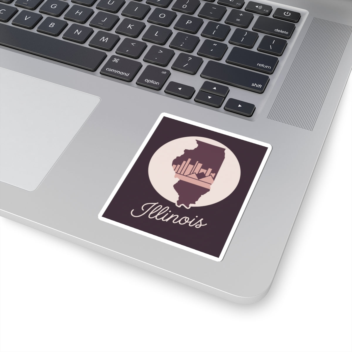 Mauve Illinois state silhouette kiss-cut vinyl sticker with white circle and “Illinois” script
