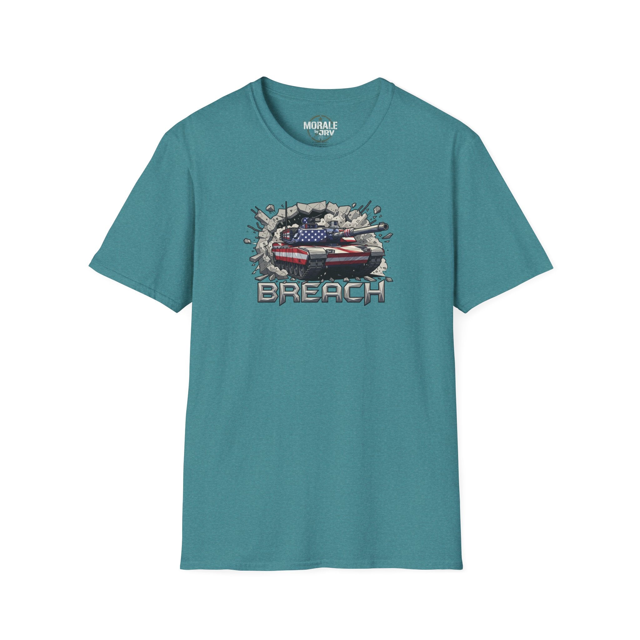 American flag tank “BREACH” graphic T-shirt, turquoise blue