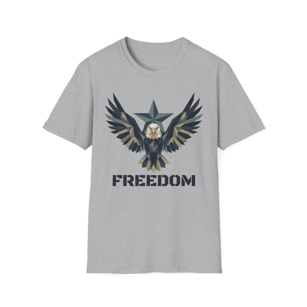 Gray eagle camo graphic T-shirt with winged emblem and “FREEDOM” text
