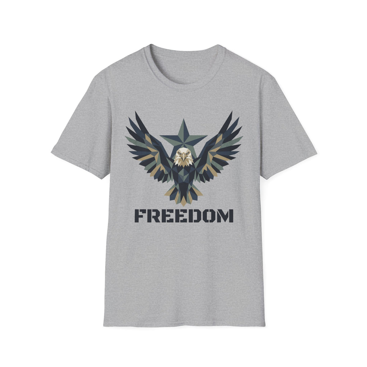 Gray eagle camo graphic T-shirt with winged emblem and “FREEDOM” text