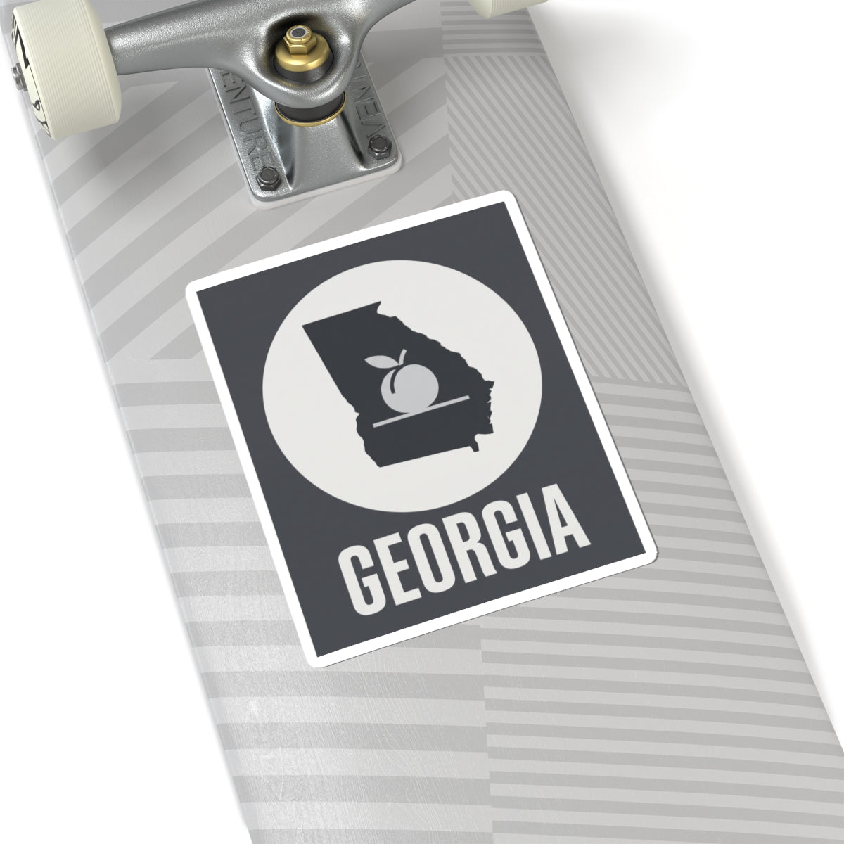 Square vinyl sticker with Georgia text and state silhouette peach icon, black-and-white.