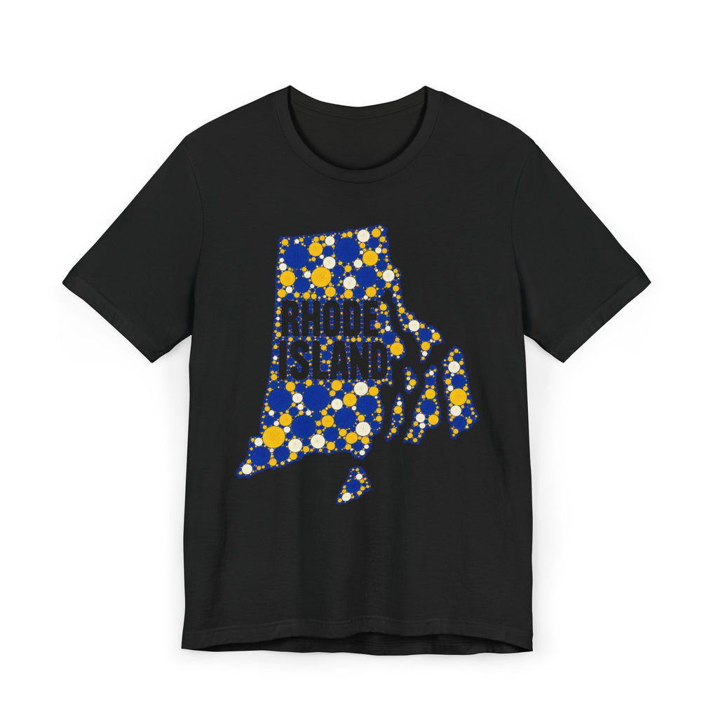 Black t-shirt with blue and yellow polka-dot Rhode Island outline graphic