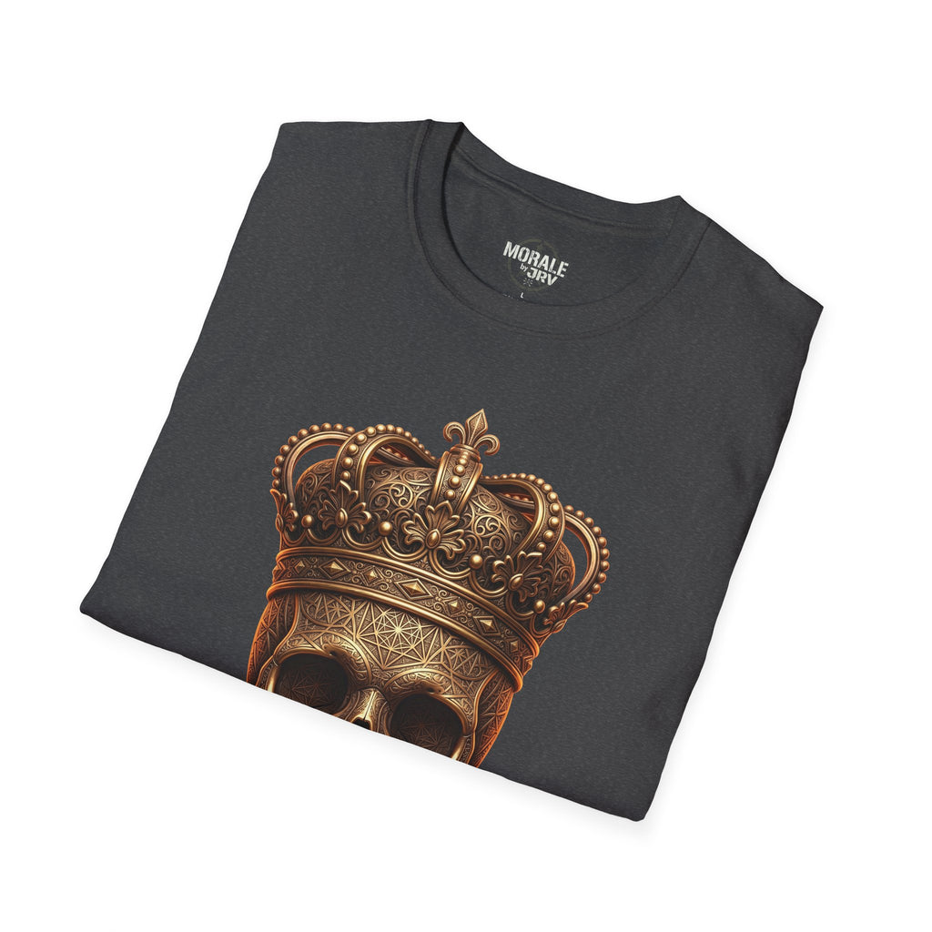 Dark Heather T-shirt close-up neckline label and partial gold crown skull print