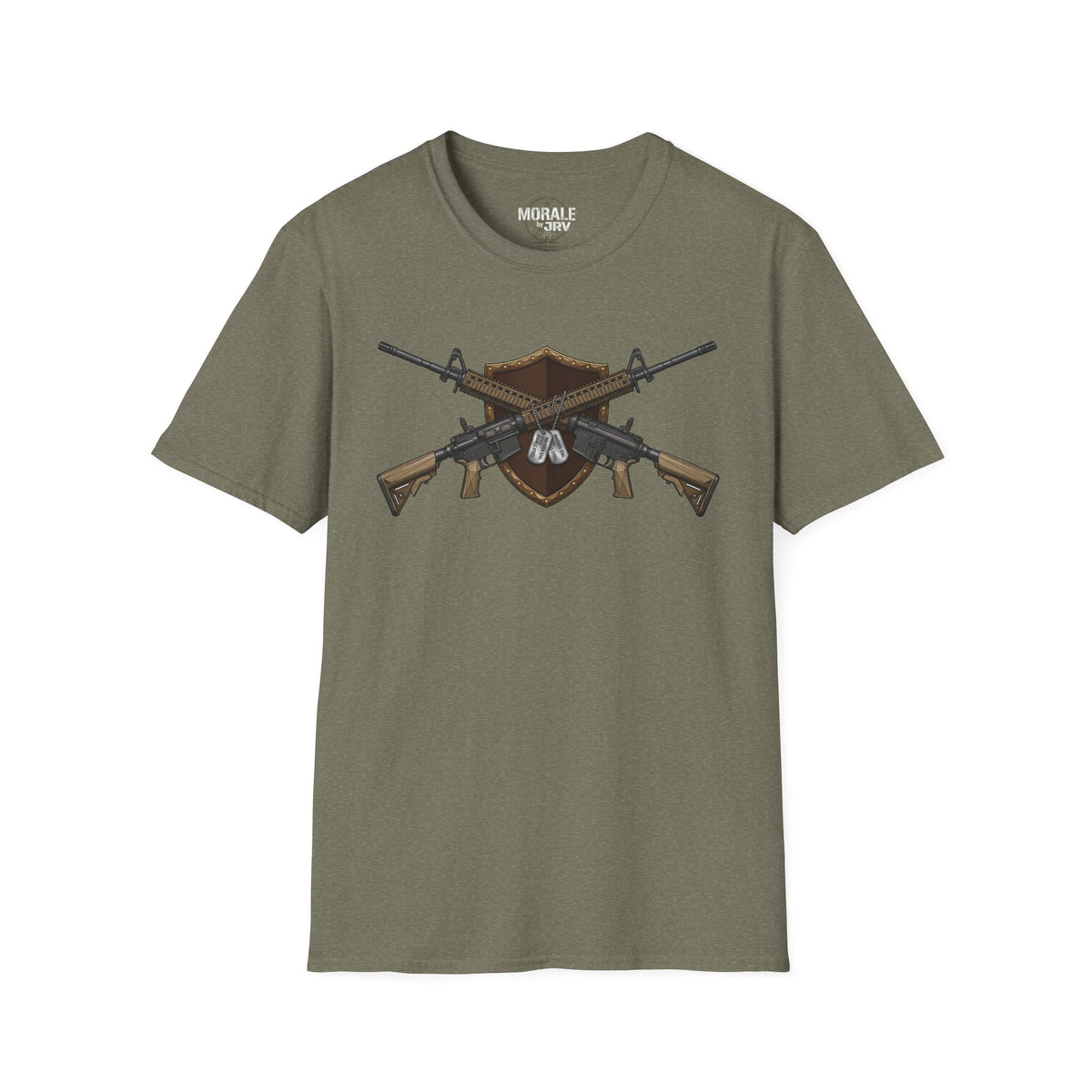 Heather military green crew-neck T-shirt featuring a crossed rifles shield emblem front.