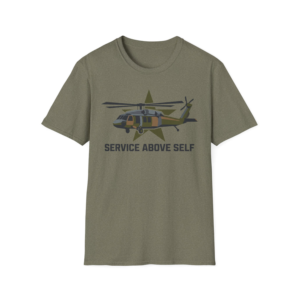 Service Above Self T-shirt in military green with helicopter star graphic on chest