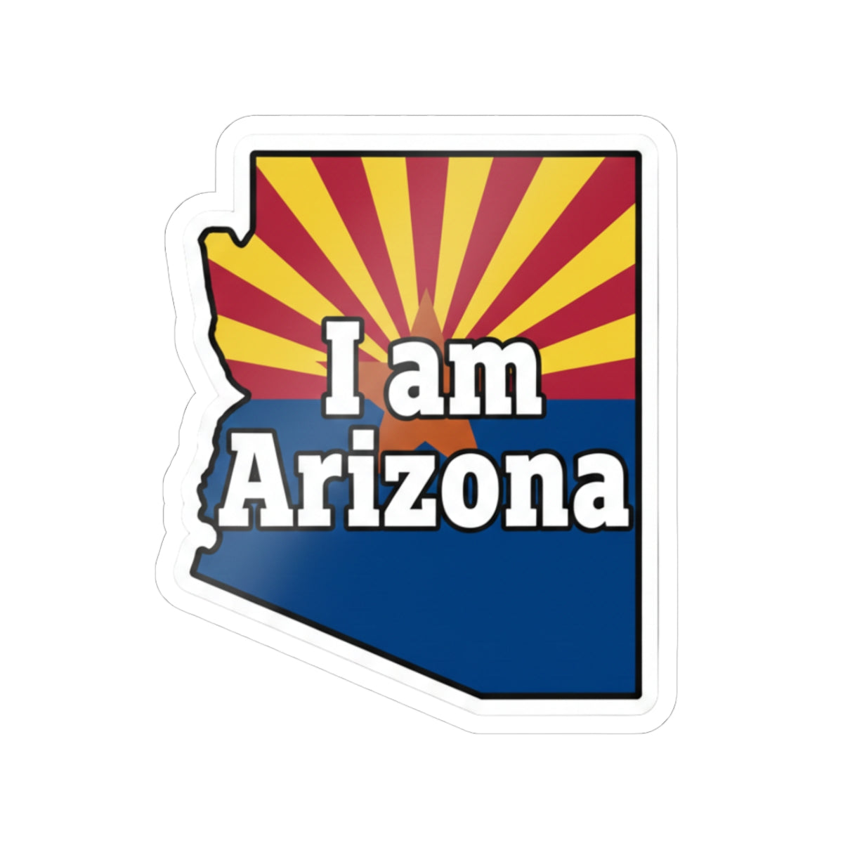 Arizona-shaped 'I am Arizona' sticker decal with patriotic AZ flag, white border