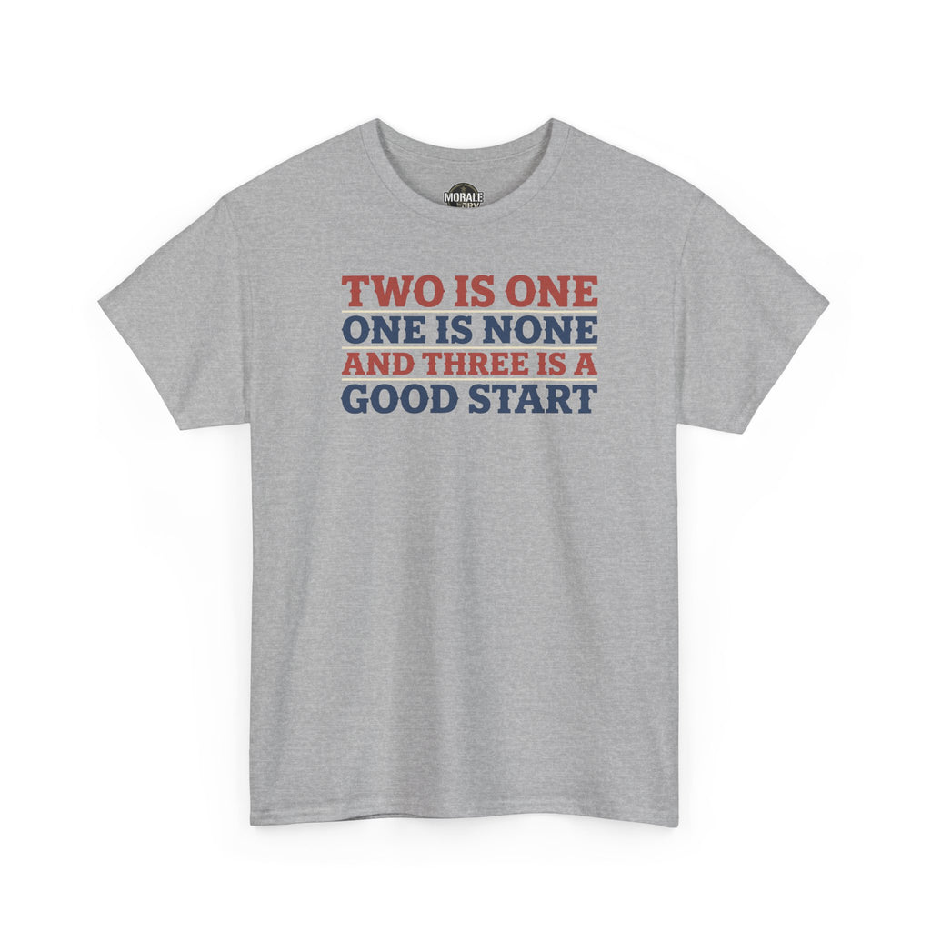 Gray T-shirt with crew neck and short sleeves, colorful slogan graphic on front