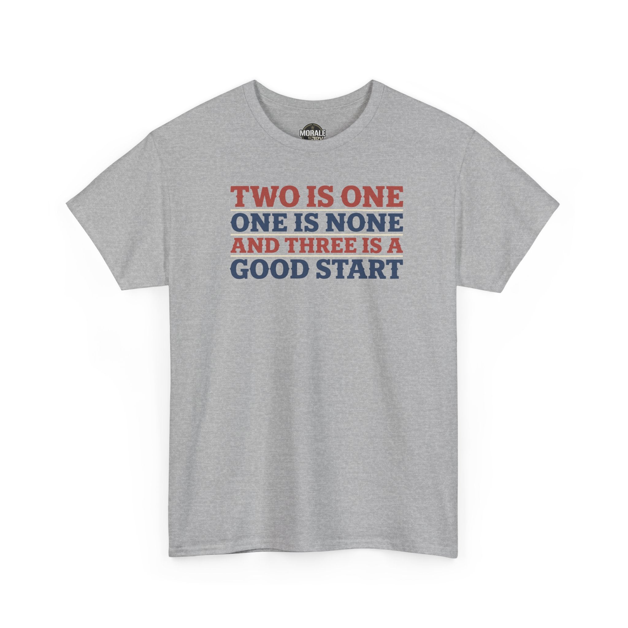Gray T-shirt with crew neck and short sleeves, colorful slogan graphic on front