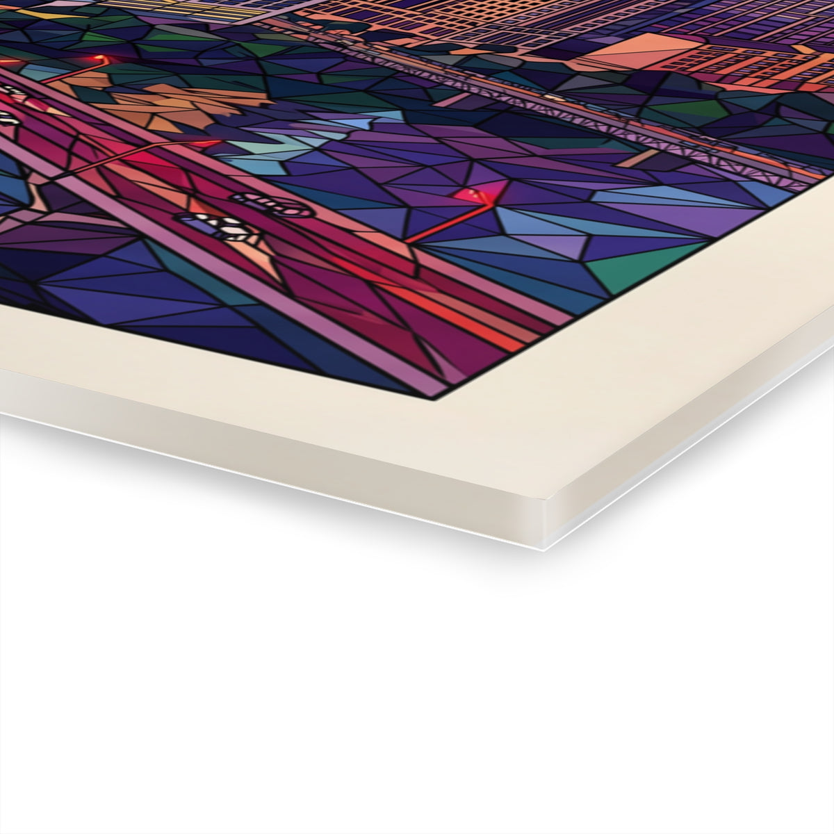 Corner close-up of acrylic wall art showing purple and red stained-glass geometry
