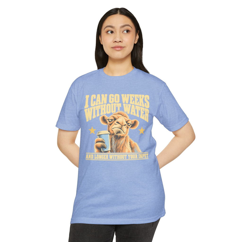 Light blue crew-neck short-sleeve t-shirt with camel water joke graphic on front