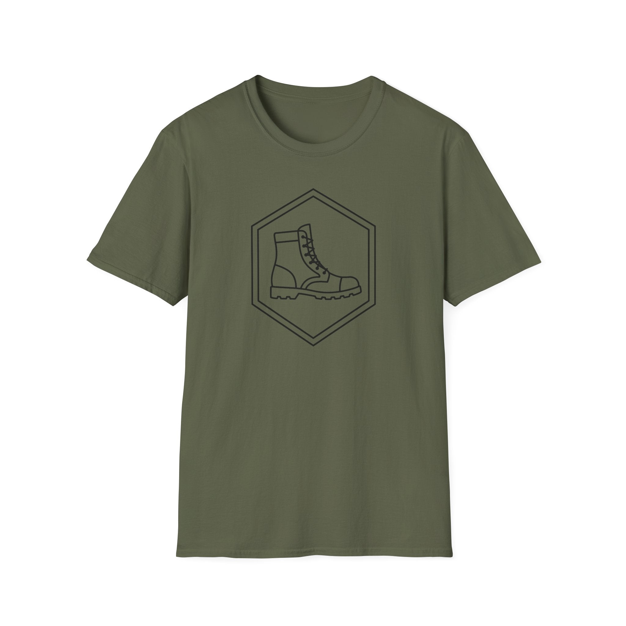 Military green T-shirt with a diamond emblem and boot illustration on the front.