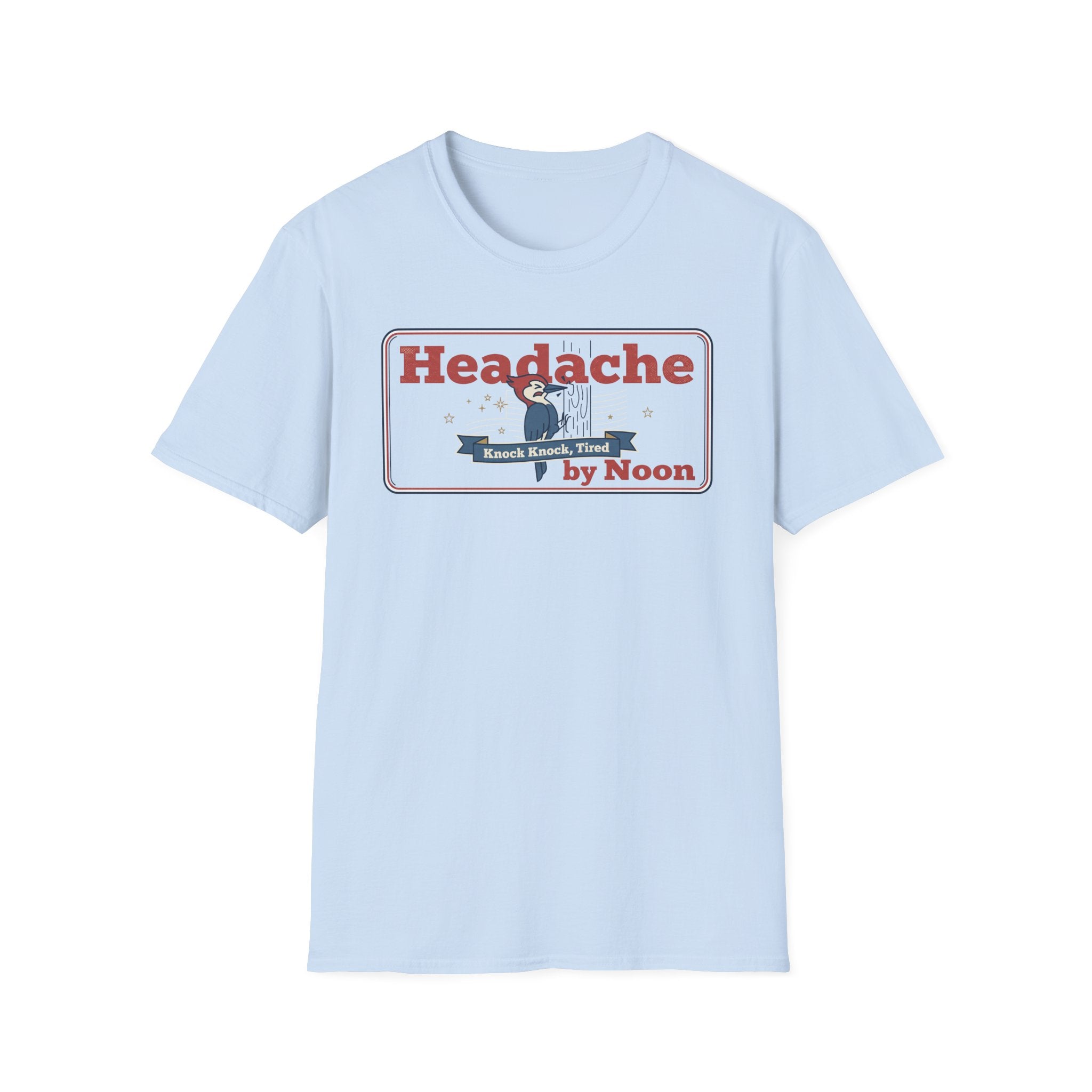 Light blue crewneck t-shirt with red 'Headache by Noon' rectangular graphic