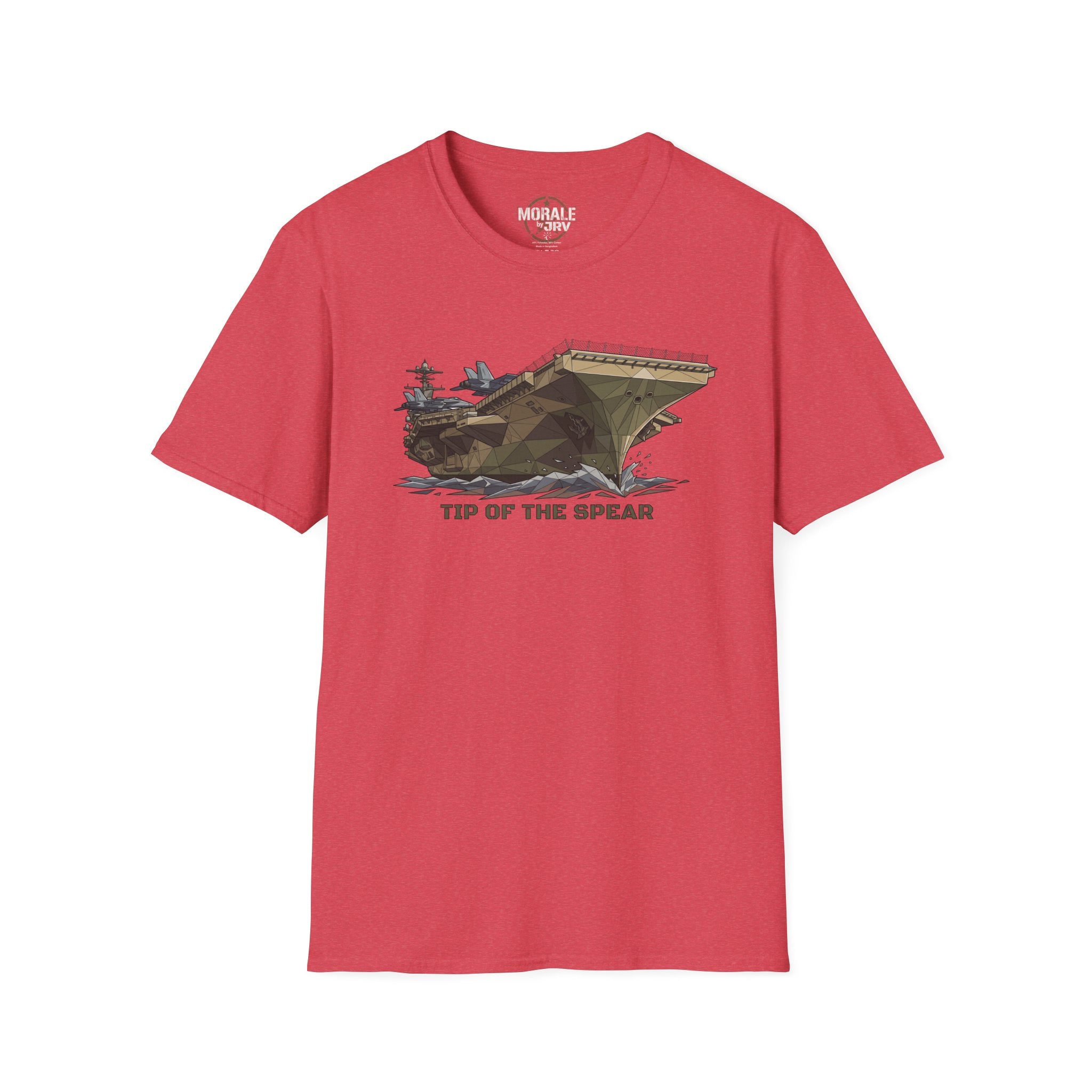 Heather red T-shirt with vintage tank artwork and “TIP OF THE SPEAR” text