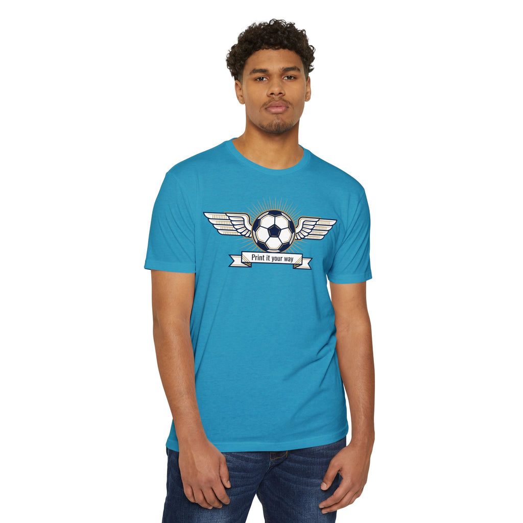 Blue soccer T-shirt with winged ball emblem graphic on the chest