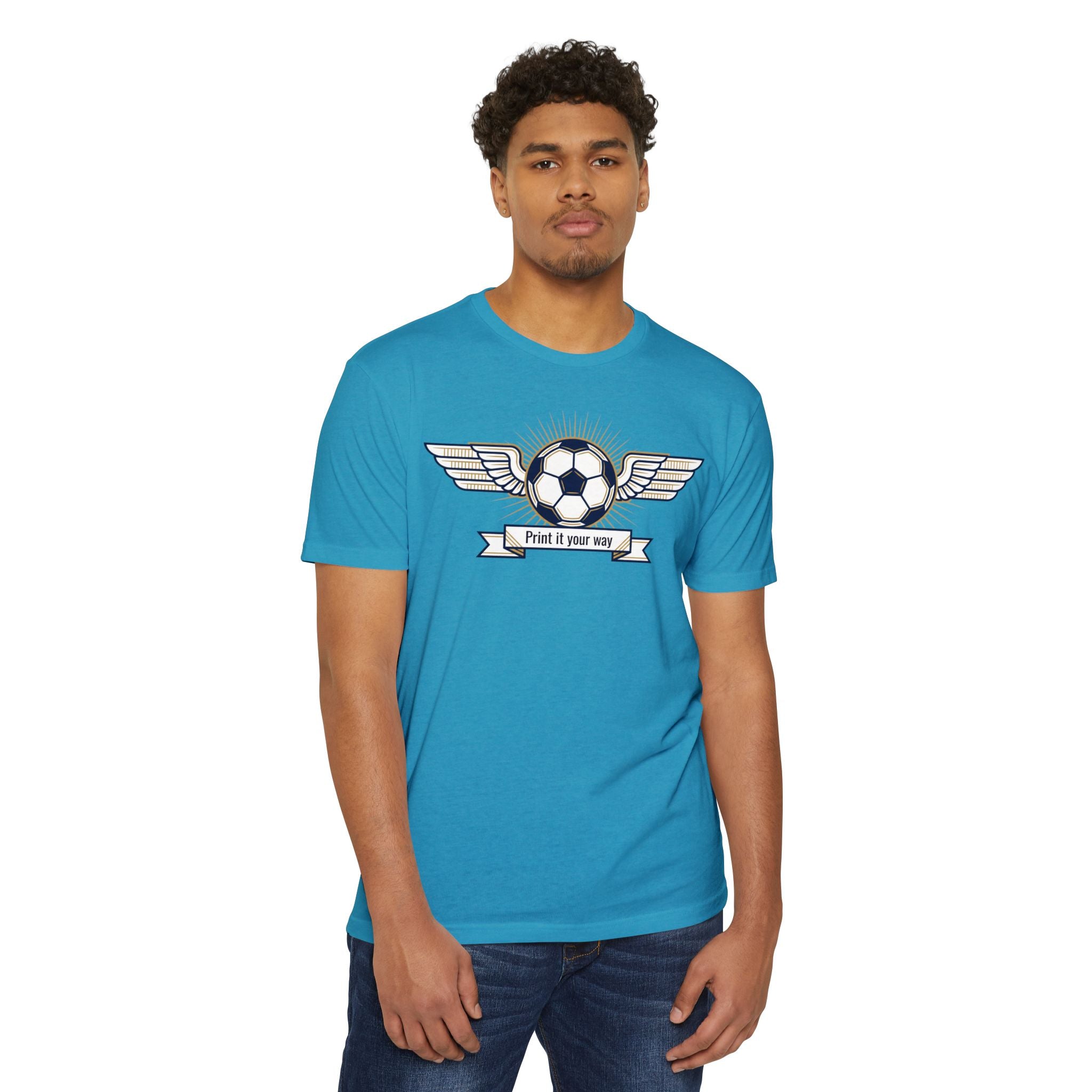 Blue soccer T-shirt with winged ball emblem graphic on the chest