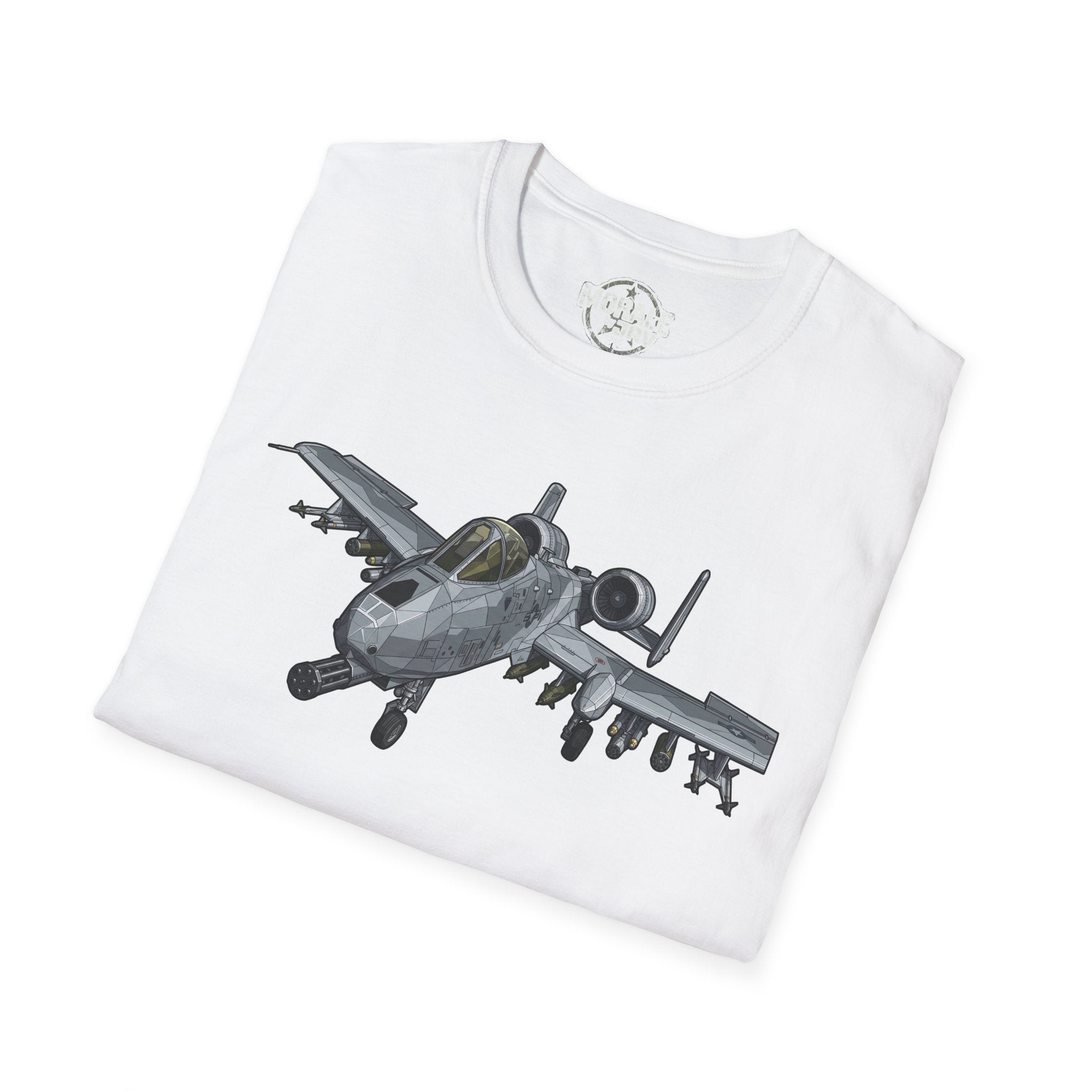 A-10 Warthog T-shirt, white, front jet illustration with missiles