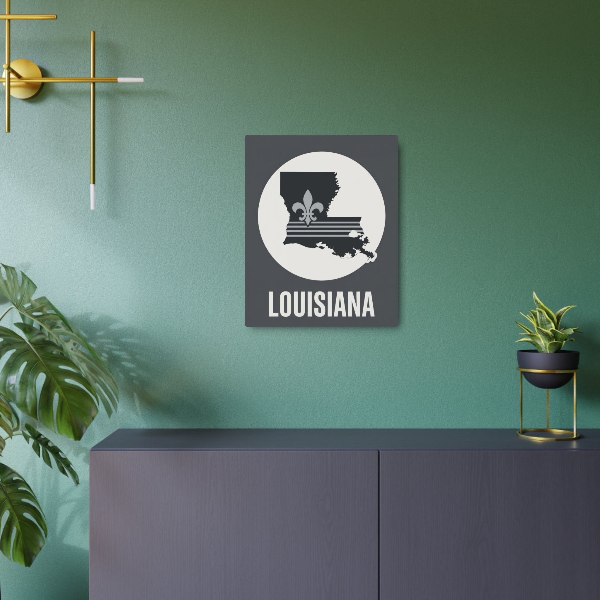 Square metal wall sign featuring Louisiana silhouette with fleur-de-lis and bold “LOUISIANA” text