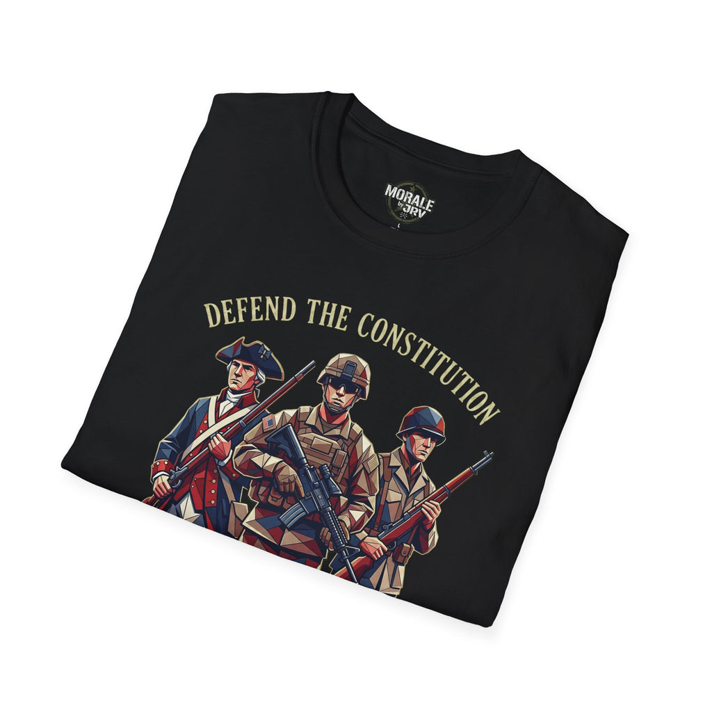 Black T-shirt front close-up: 'Defend the Constitution' soldiers illustration