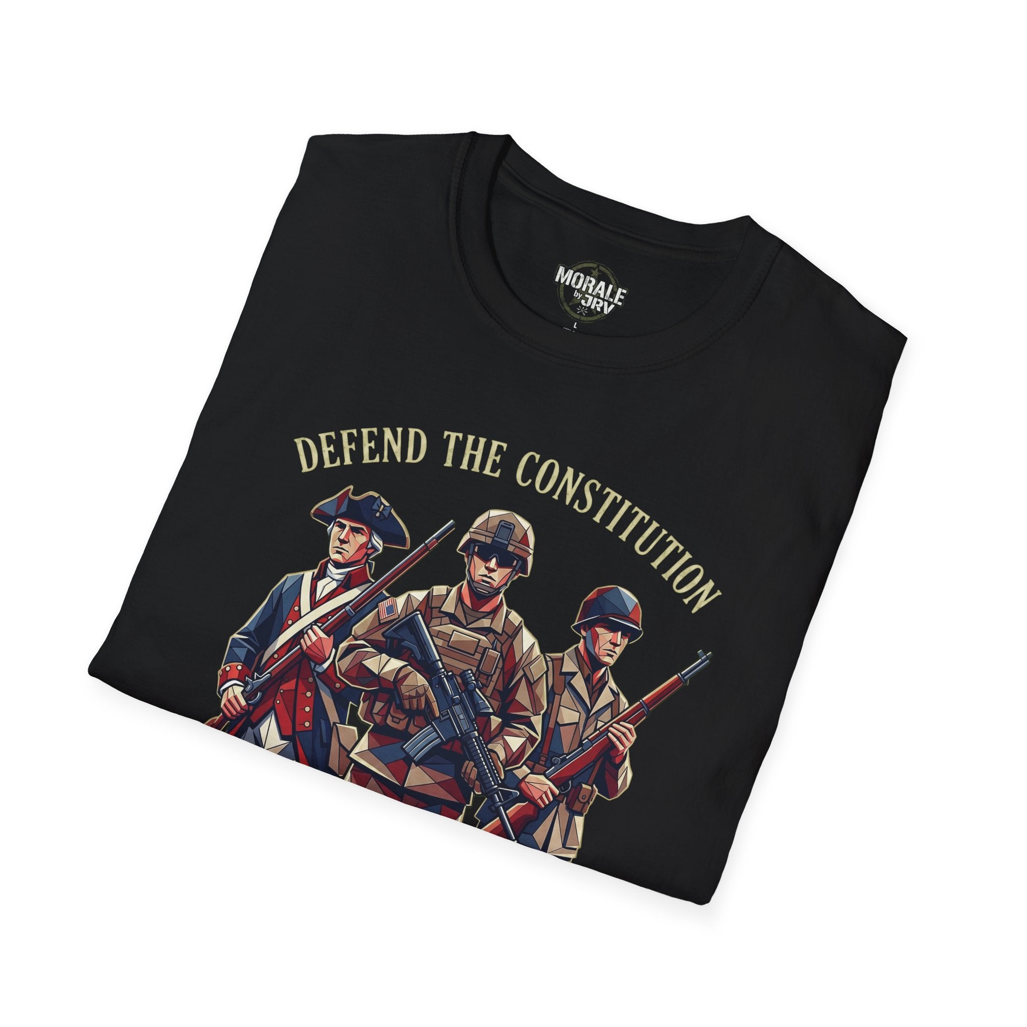 Black T-shirt front close-up: 'Defend the Constitution' soldiers illustration