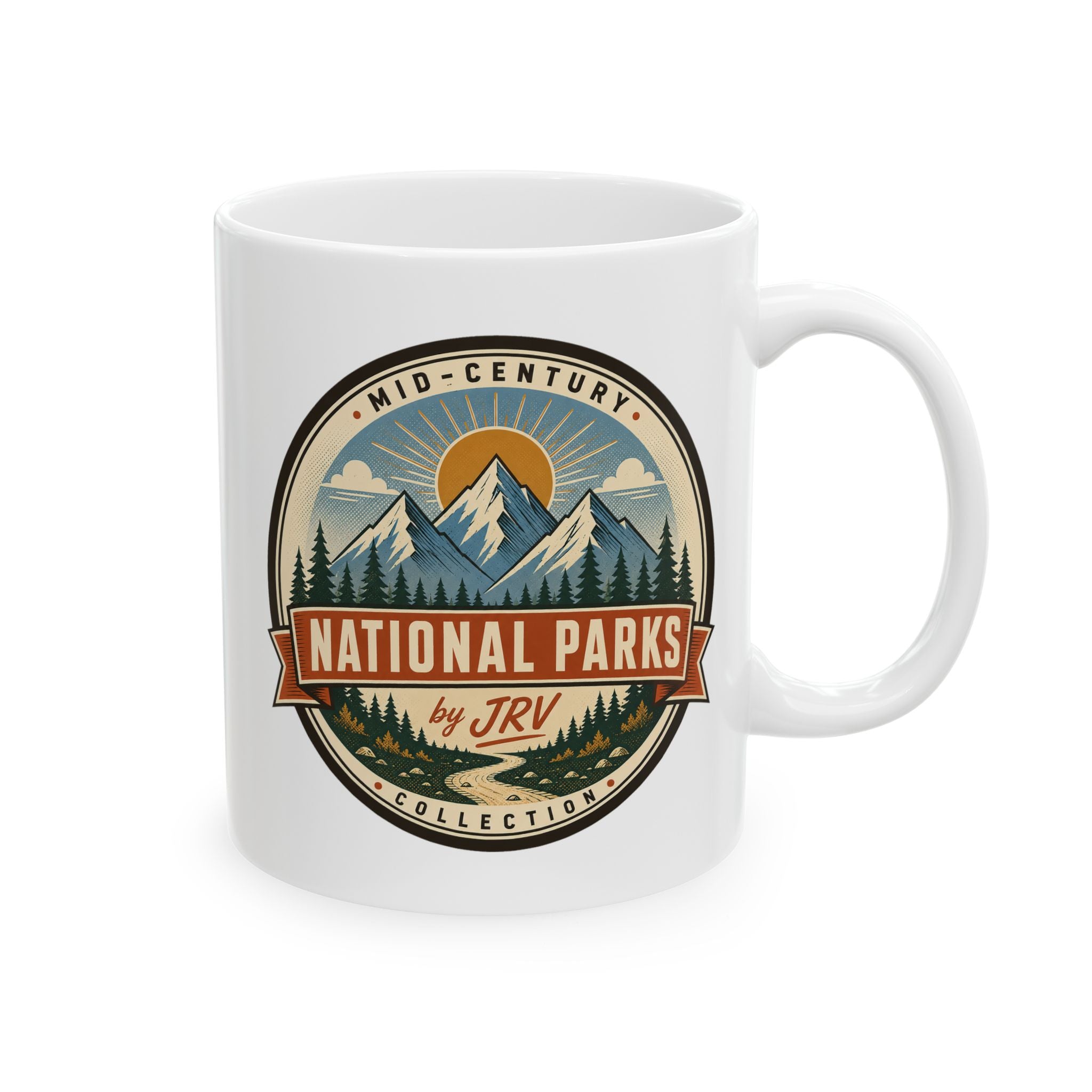 White ceramic mug with Mid-Century National Parks by JRV logo badge, handle visible