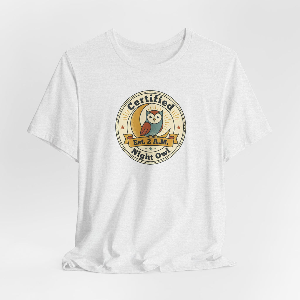 White night owl graphic T-shirt, crew neck, “Certified” owl badge front print