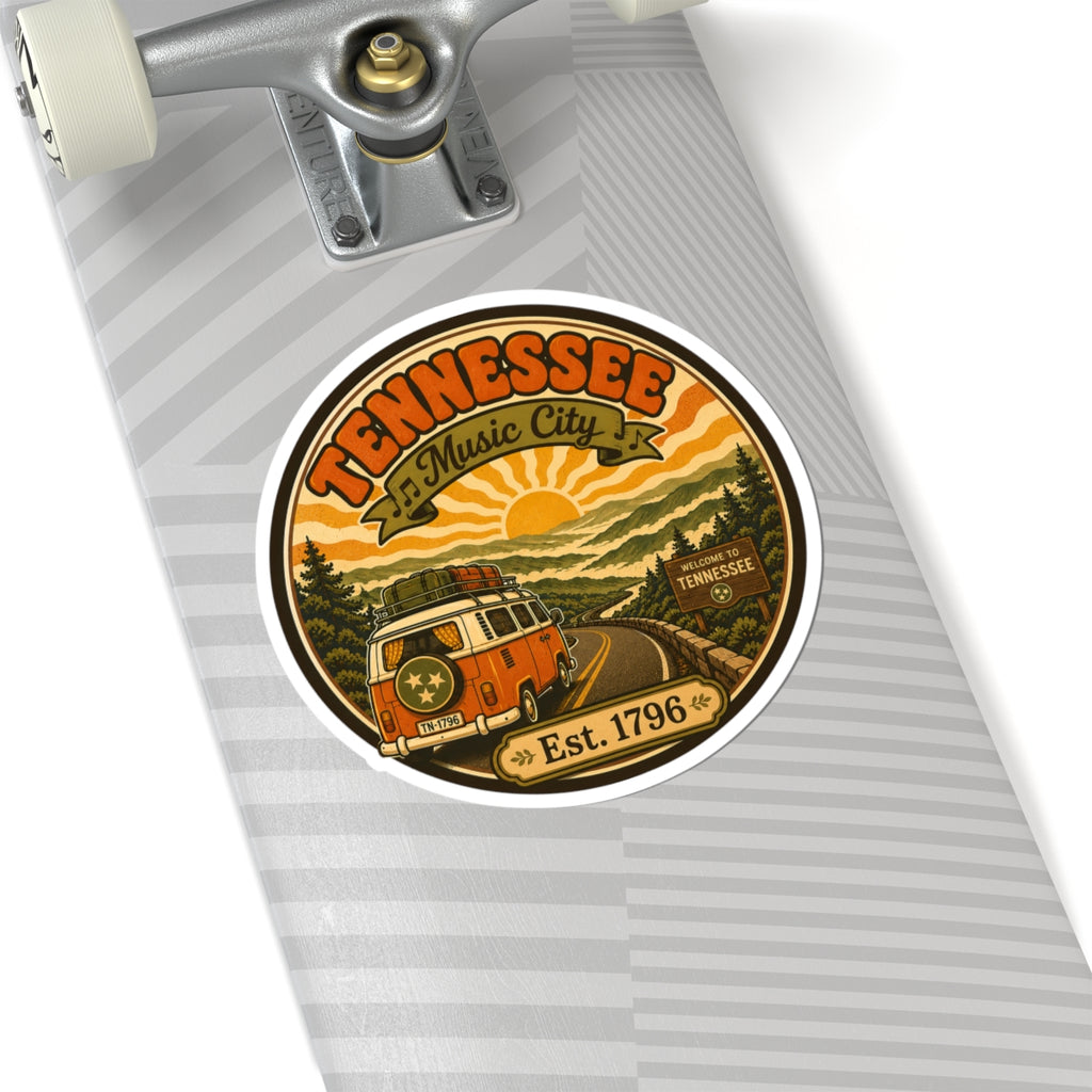 Round Tennessee Music City sticker on skateboard deck, orange van scene and Est. 1796