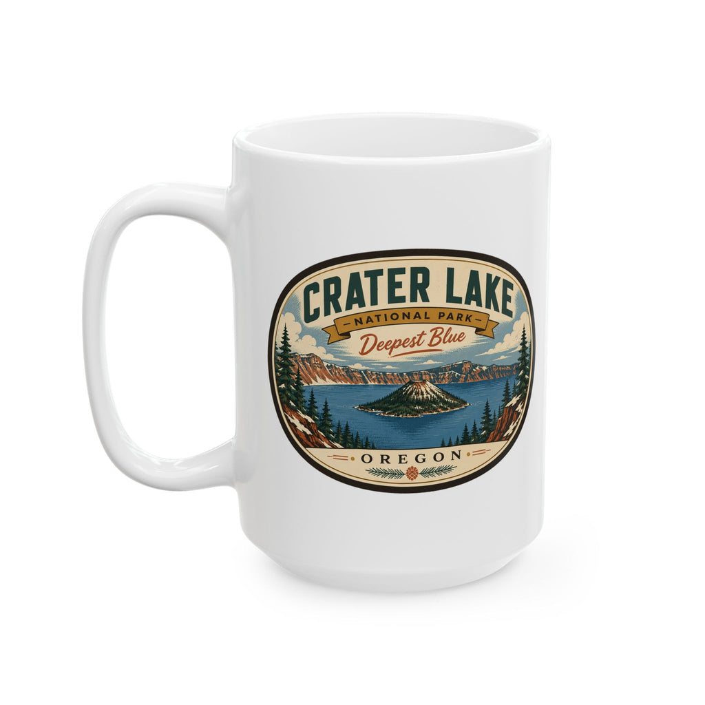 White ceramic mug with Crater Lake National Park scenic logo and side handle