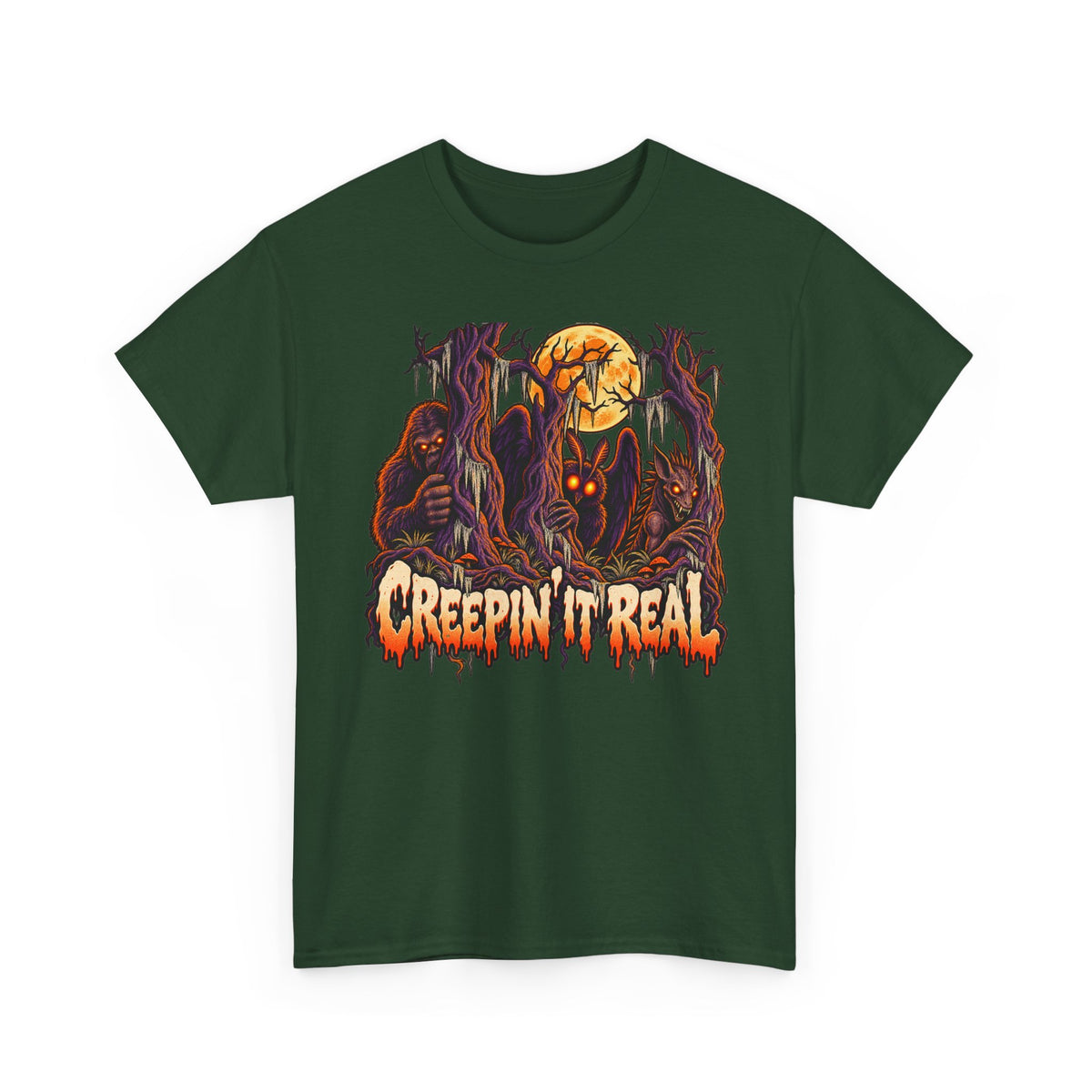 Halloween monster graphic T-shirt in forest green with orange skull and claw artwork