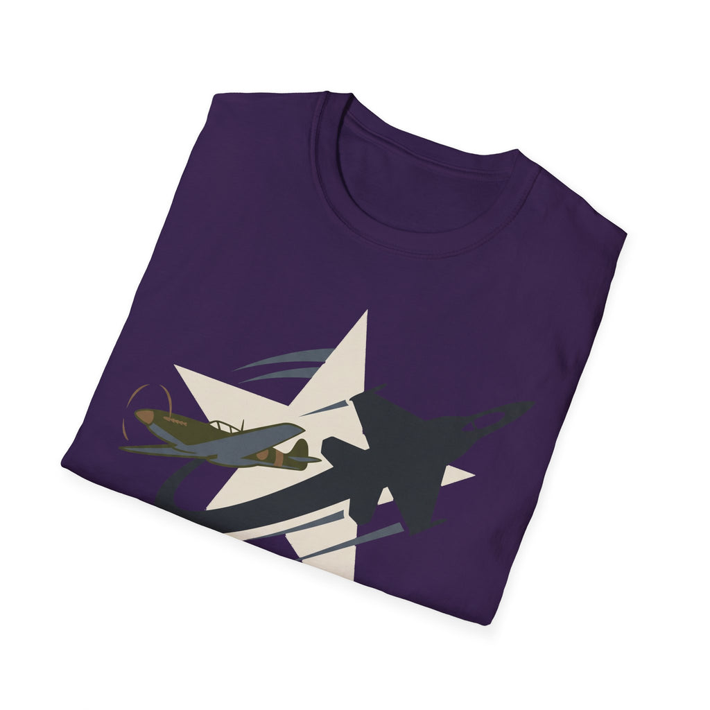 Purple crew-neck T-shirt with front graphic of military airplane and fighter silhouette