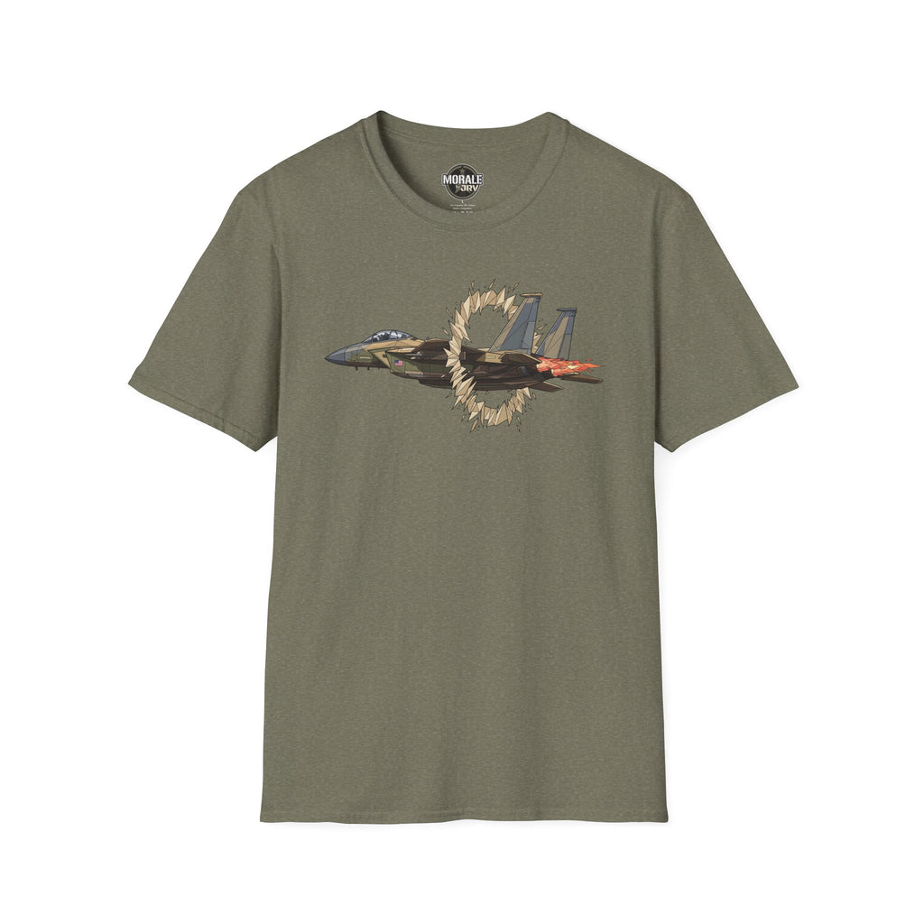Heather military green t-shirt with fighter jet graphic and ring of fire burst print