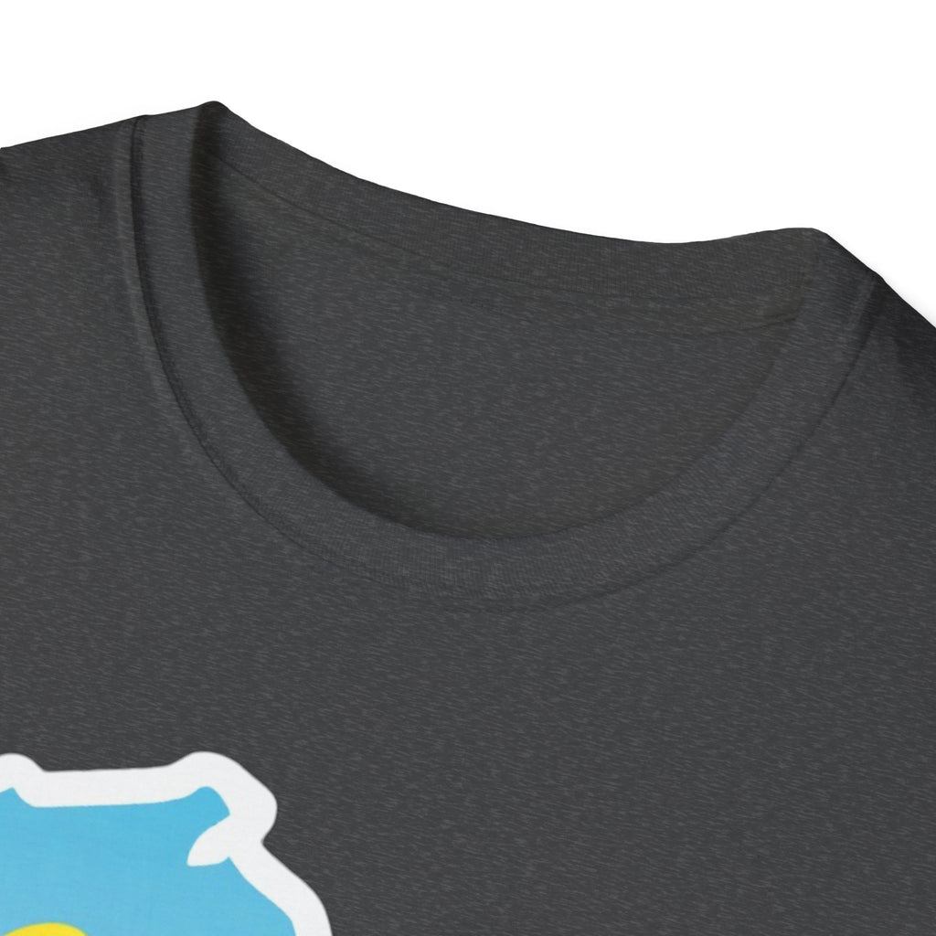 Dark heather T-shirt crew neck close-up with partial Wisconsin cheese graphic