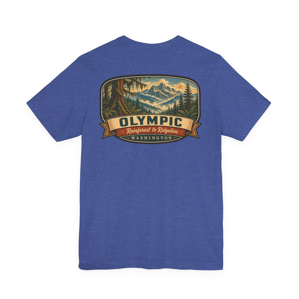 Royal blue t-shirt with large circular mountain National Park graphic on the chest.