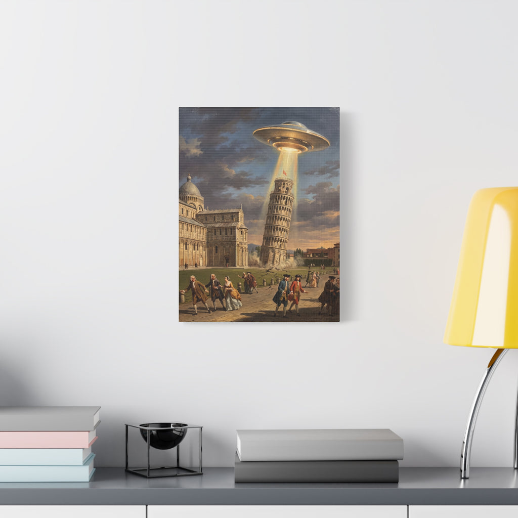 UFO abduction canvas print, small wall display, saucer beam above Leaning Tower