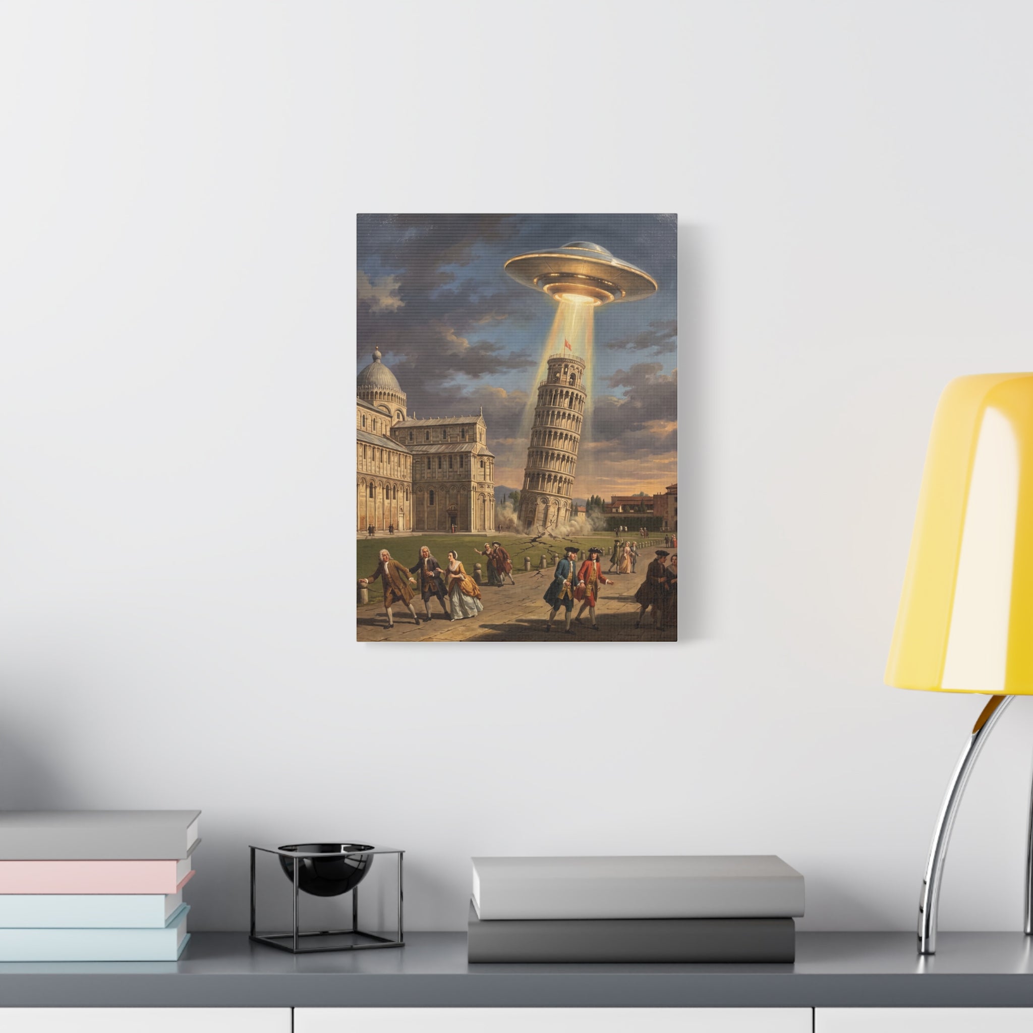 UFO abduction canvas print, small wall display, saucer beam above Leaning Tower