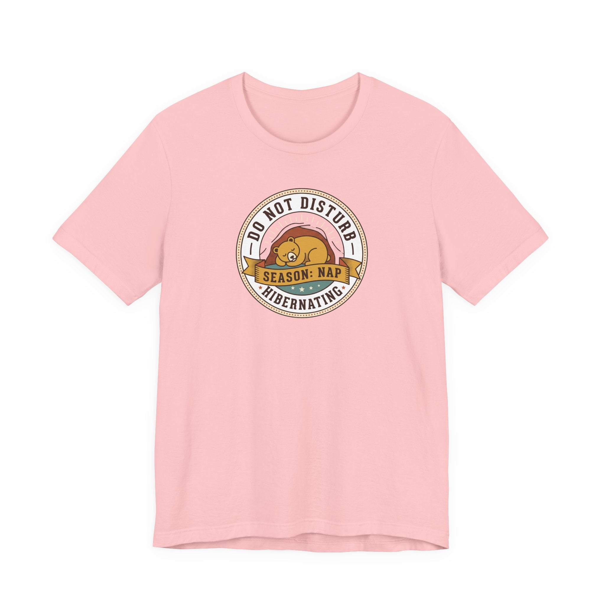 Light pink T-shirt with circular sleeping bear graphic on front
