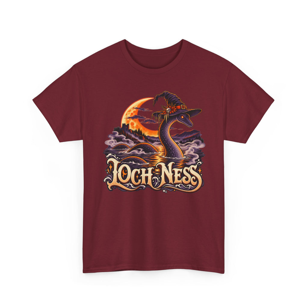 Maroon Halloween t-shirt with Nessie in witch hat and moonlit lake graphic