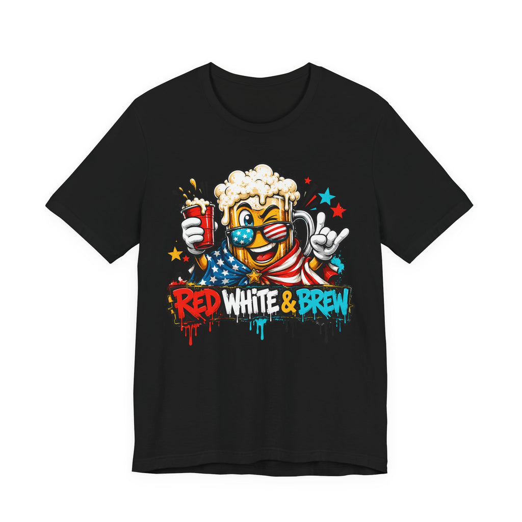 Black T-shirt with colorful beer mascot and “Red White & Brew” graphic