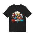 Black T-shirt with colorful beer mascot and “Red White & Brew” graphic