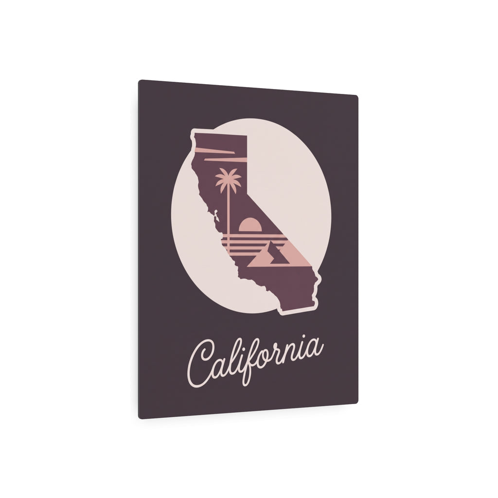 Mauve California metal wall art square with circular palm tree state silhouette and "California" script.