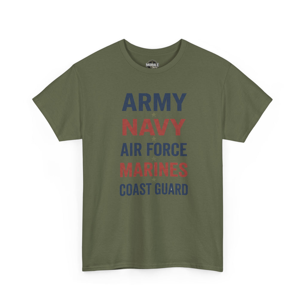 Military green T-shirt with 'ARMY NAVY AIR FORCE MARINES COAST GUARD' print
