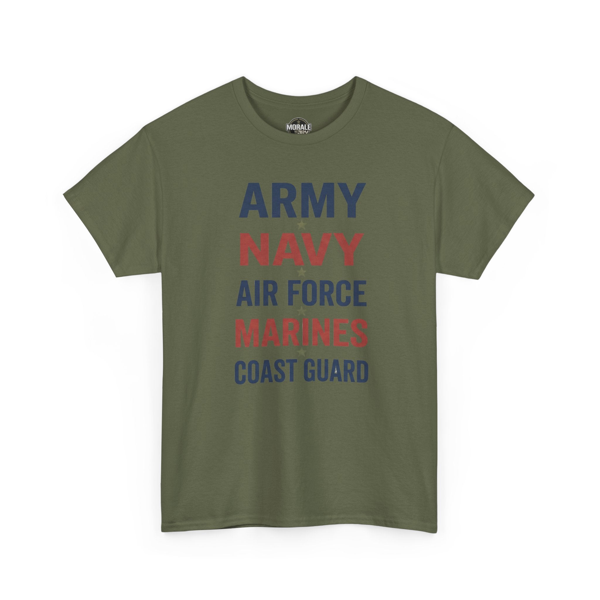 Military green T-shirt with 'ARMY NAVY AIR FORCE MARINES COAST GUARD' print